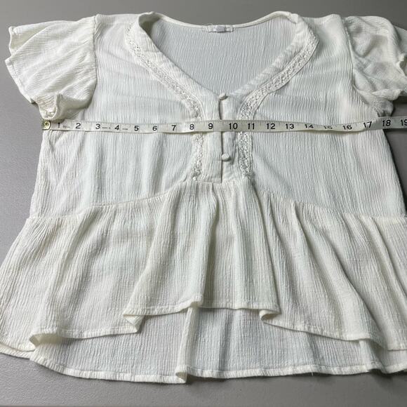 Eyeshadow Boho Cropped Blouse Flutter Sleeve Peplum Crochet Button Front White L - Picture 10 of 11